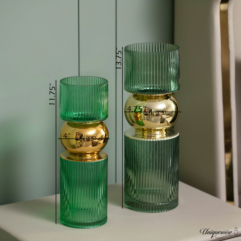 Set of 2 Decorative Green Glass Vases