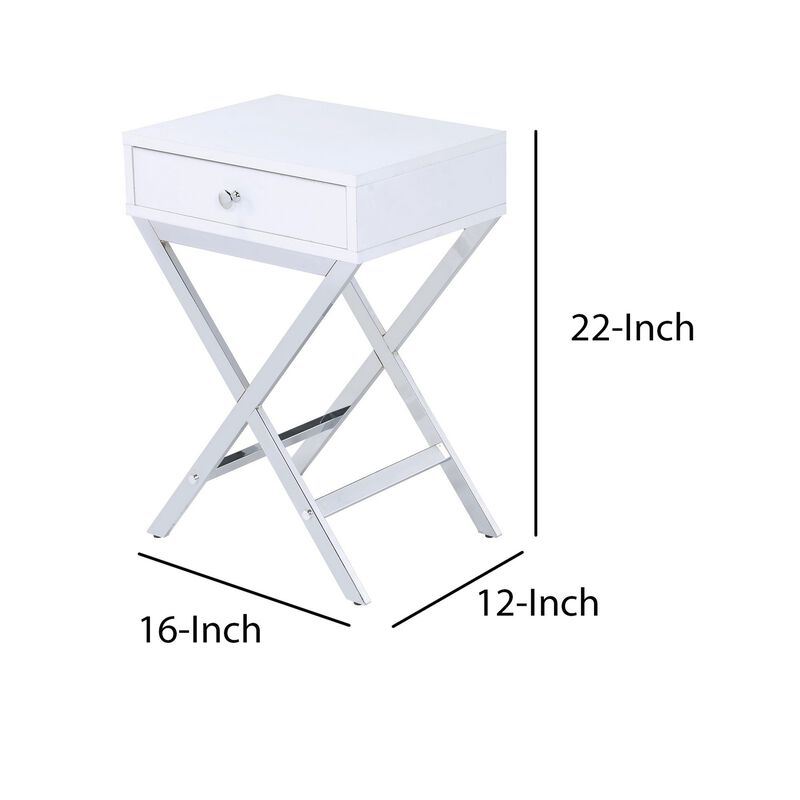 Wood and Metal Side Table with Crossed Base, White and Silver-Benzara