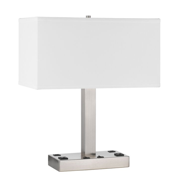 Colm Table Lamp, 2 Ports and 2 Power Outlets, Brushed Steel 21 Inch - Benzara