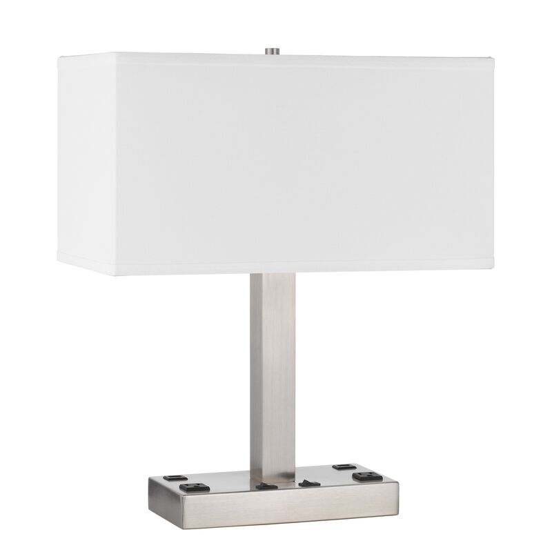 Colm Table Lamp, 2 Ports and 2 Power Outlets, Brushed Steel 21 Inch - Benzara