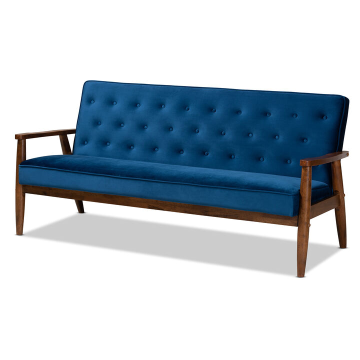 Baxton Studio Sorrento Navy Velvet Fabric Upholstered Walnut Finished Wooden 3 seater Sofa