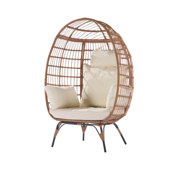 Wicker Egg Chair, Oversized Indoor Outdoor Lounger for Patio, Backyard, Living Room w/ 5 Cushions, Steel Frame, 440lb Capacity