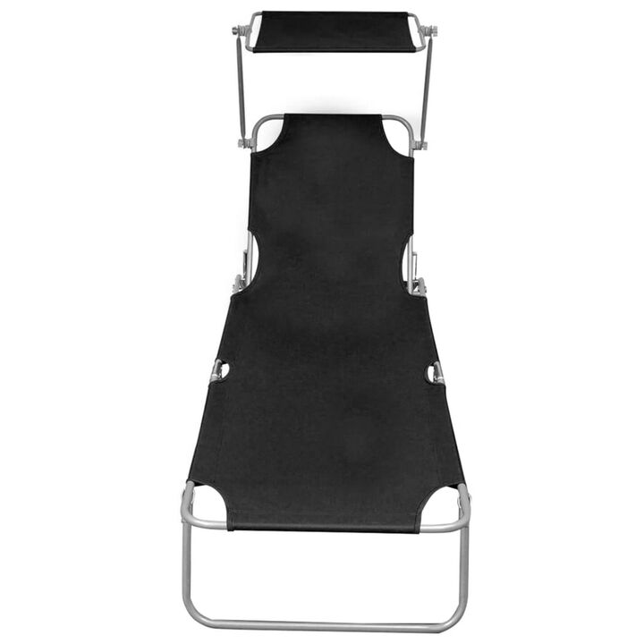 Keli Outdoor Folding Chaise Lounger, Canopy, Black Polyester, 74 Inch - Benzara