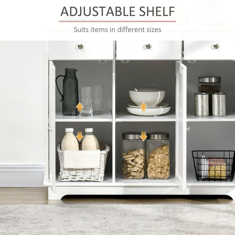 White Kitchen Buffet: 3-Door Sideboard with Drawers and Shelf