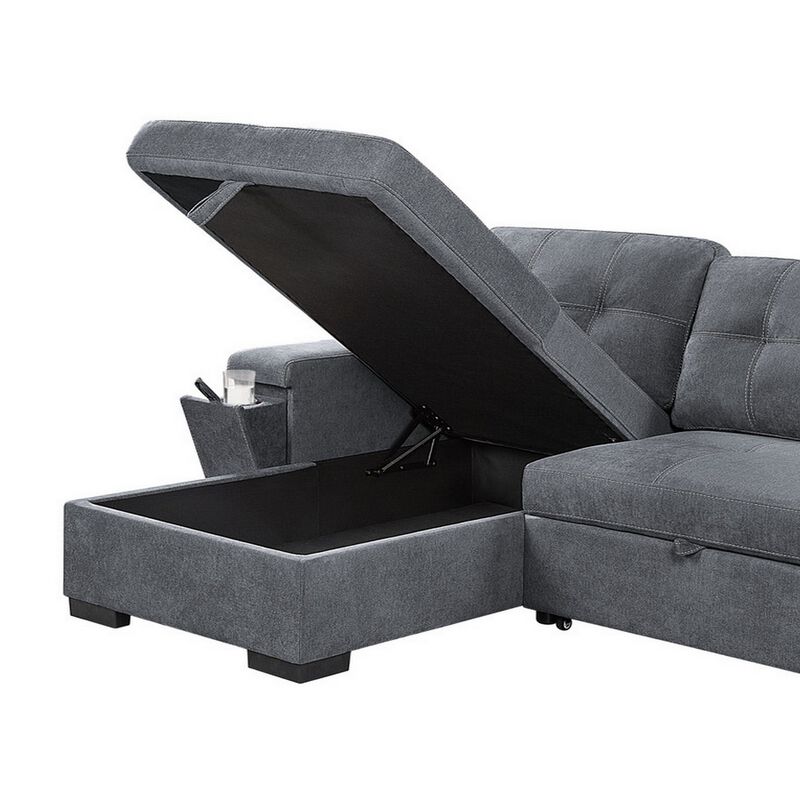 95 Inch Sleeper Sectional Sofa with Storage Chaise, USB Ports, Woven Gray-Benzara
