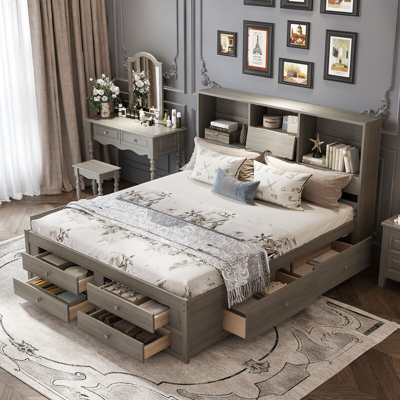 Merax Platform Bed with Storage Headboard and 8 Drawers