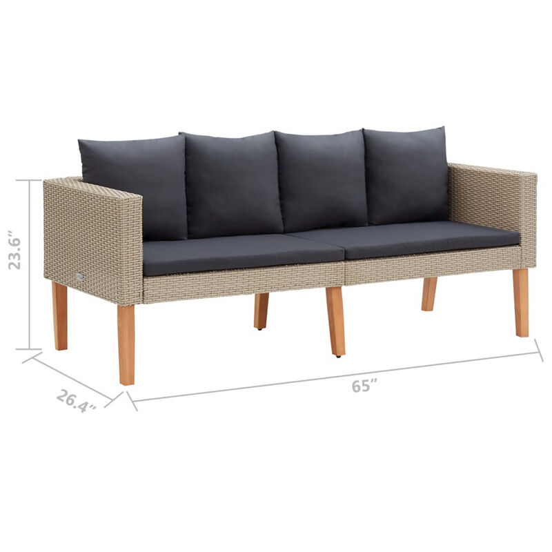 Outdoor Sofa, Beige Rattan, Gray Fabric Cushions, Brown Wood, 65 Inch - Benzara
