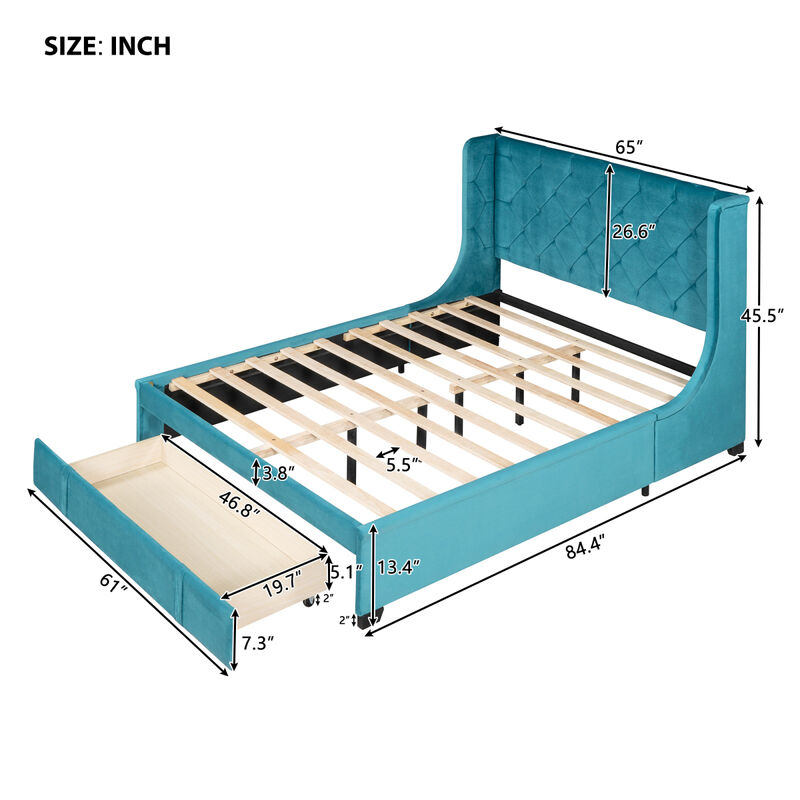 Streamdale Queen Velvet Storage Bed with Wingback Headboard, Drawer