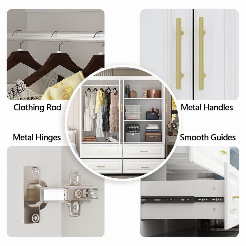 White Wood 63 in. W 4-Door Big Wardrobe Armoires with Hanging Rod, Drawers, Storage Shelves 74.2 in. H x 20.6 in. D