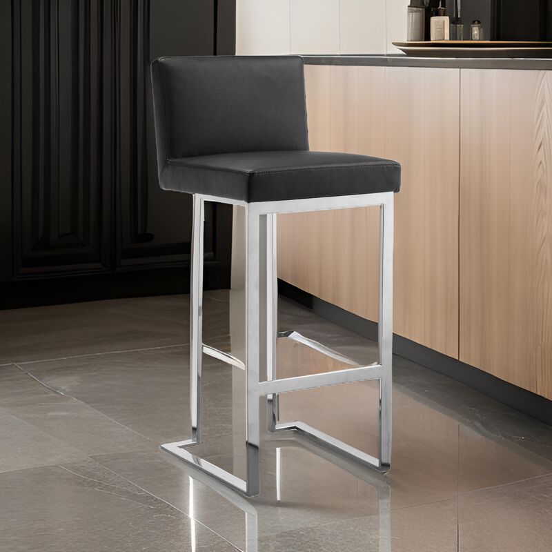 Boly 30 Inch Barstool Chair, Black Faux Leather, Cushions, Chrome Steel - Benzara