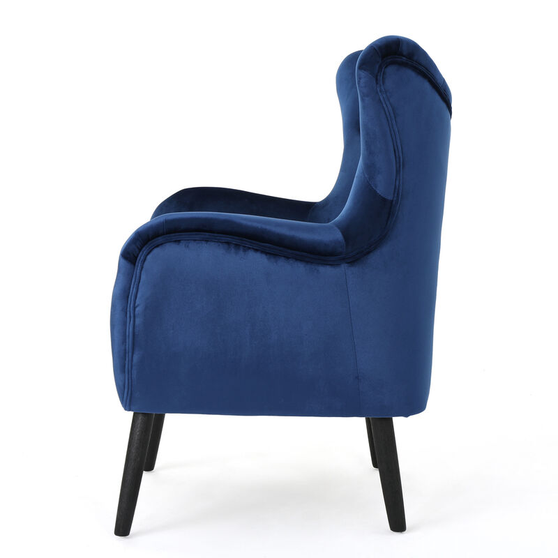 Siyan Accent Armchair, Navy Blue Velvet, Tufted Wingback, Black Wood Legs - Benzara