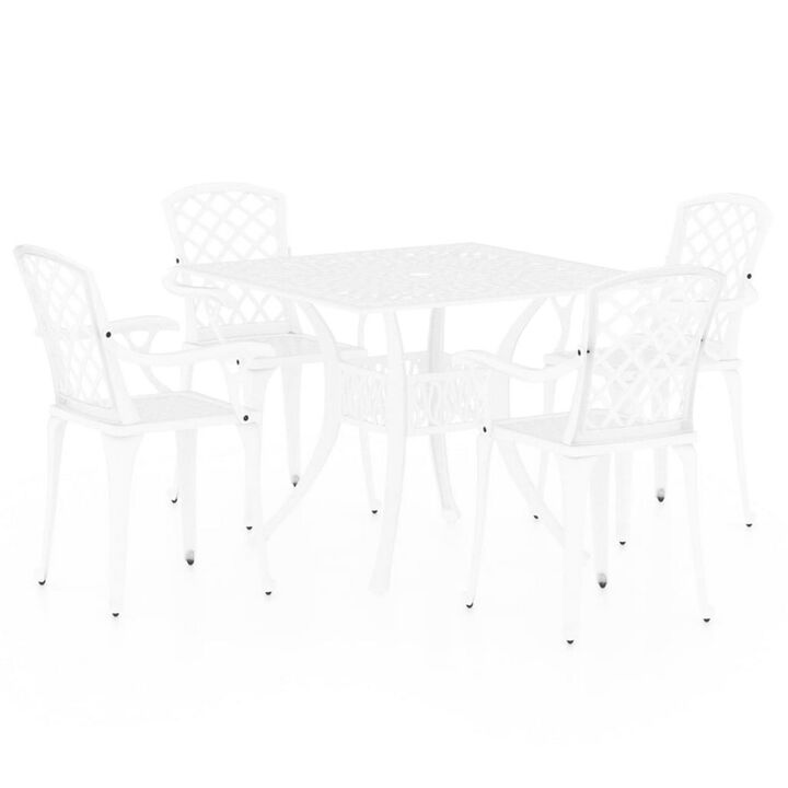 5 Piece Patio Bistro Table Set, 4 Chairs, Square, White Cast Aluminium - Benzara
