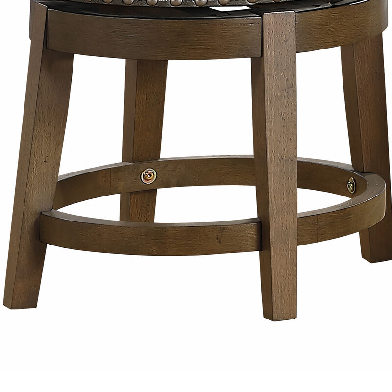 Bara 20 Inch Swivel Dining Stool, Gray Round Faux Leather, Set of 2, Brown - Benzara