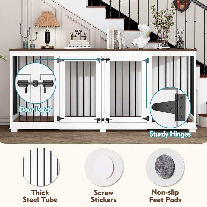 Large Dog House Crate Furniture, 71 in. Wooden Large Dog Kennel with Removable Divider for Large Medium Dogs, White