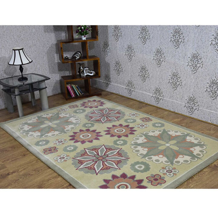 RUGSOTIC CARPETS HAND TUFTED WOOL ECO-FRIENDLY AREA RUGS  - 5'x7'6'', Rectangle Shape, Light Green, Floral Modern Design, High Pile Handmade Anti Skid Area Rugs for Living Room, Bed Room (K03114)