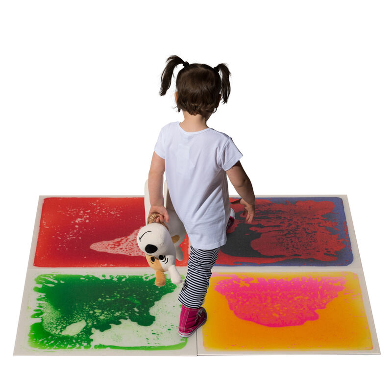 Sensory Liquid Gel Floor Square Tiles, 19.5 x 19.5 Inch Red/White, Green/White, Pink/Yellow, Blue/Red Kids Floor Mat, 4 Pack