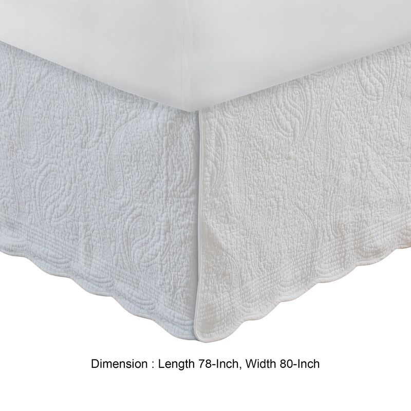 Muka Paisley Quilted King Bed Skirt, Cotton Drop, Polyester Platform, Ivory - Benzara