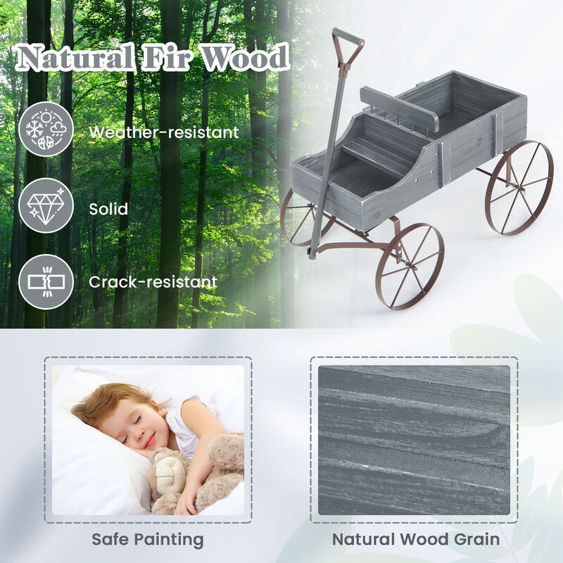 Wooden Wagon Plant Bed With Wheel for Garden Yard