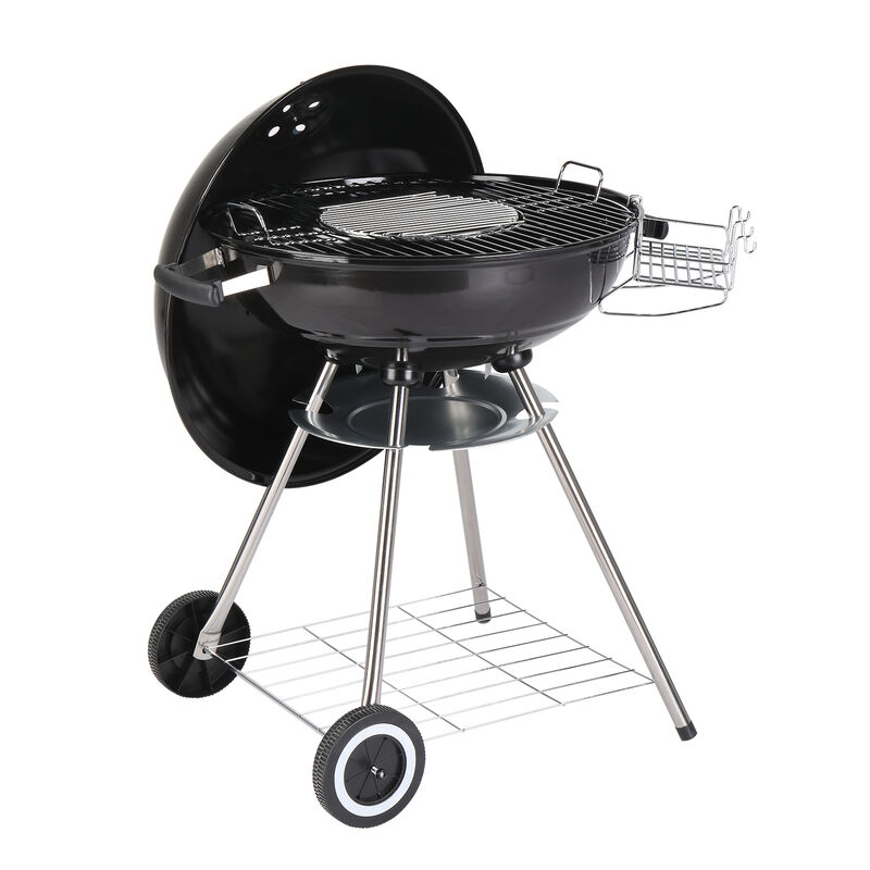 Round Charcoal BBQ Grill with Wheels, Ash Catcher, Storage Holder, and Thermometer for Outdoor