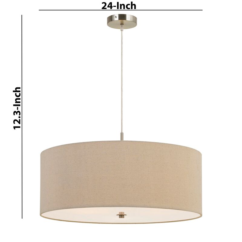 60W x 3 Drum Shade Pendant Fixture, Beige and Silver-Benzara