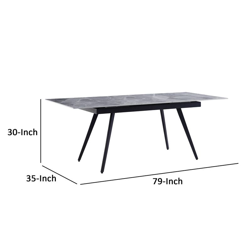 79 Inch Extendable Modern Dining Table, Textured Stone Surface, Warm Gray - Benzara