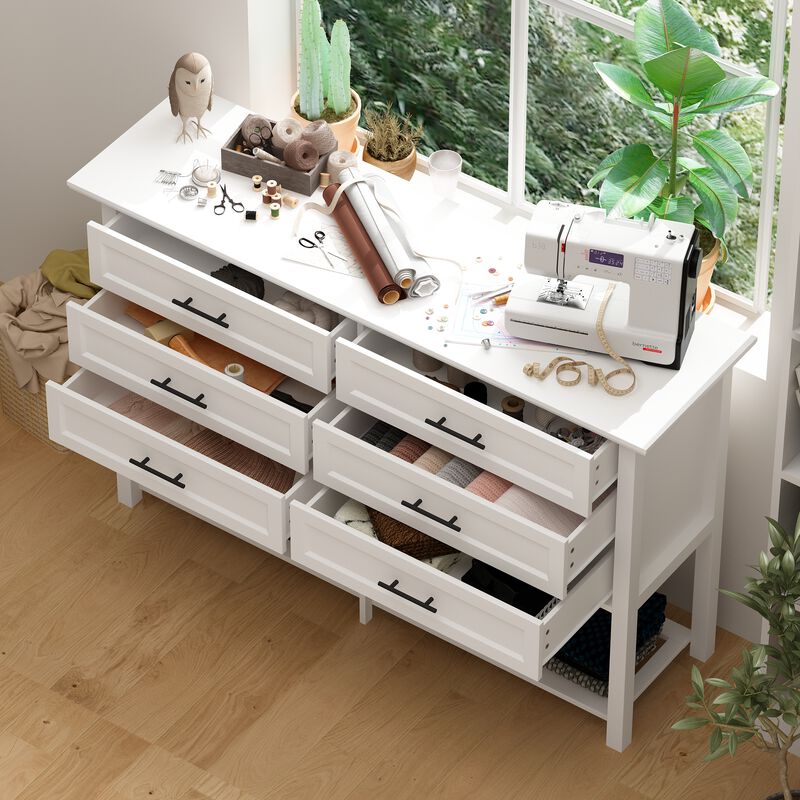 FUFU&GAGA 6-Drawer Storage Cabinet with Open Bamboo Shelf and Elegant Finish (55" W x 35.4" H x 15.7" D),White