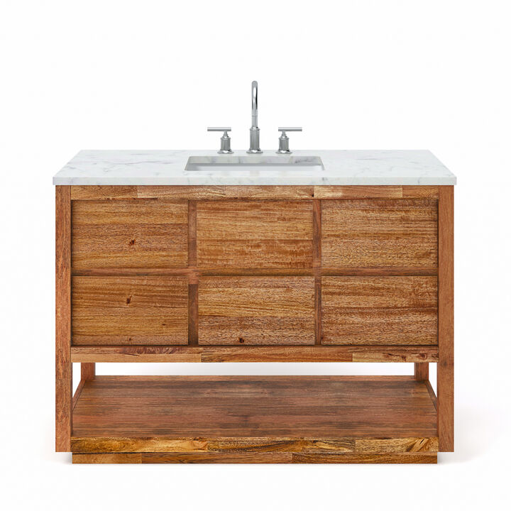 Oakman 48 In. Single Sink Carrara White Marble Countertop Bath Vanity in Mango Wood with Chrome Faucet