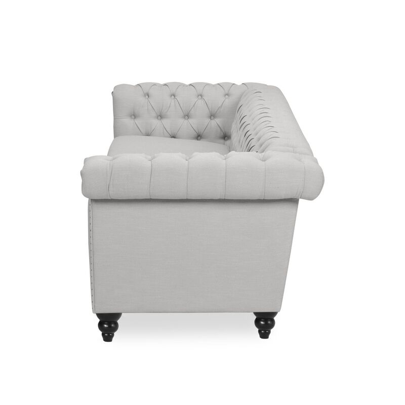 Sofa, 3 Seater, Button Tufted Gray Fabric, 83 Inch, Flared Rolled Arms - Benzara