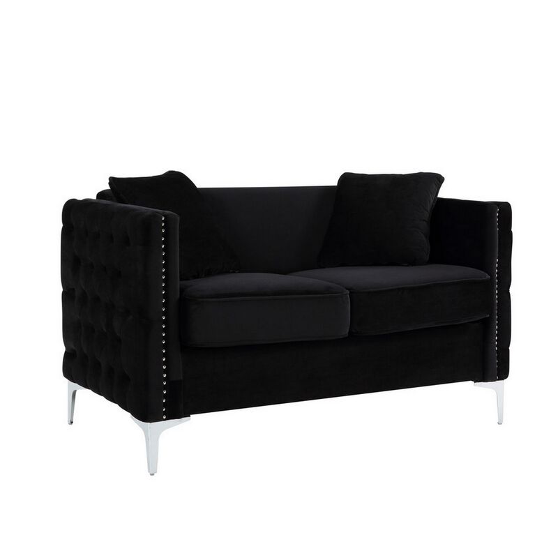 Zion 2 Piece Sofa and Loveseat Set, Deep Button Tufted, Jet Black Velvet-Benzara