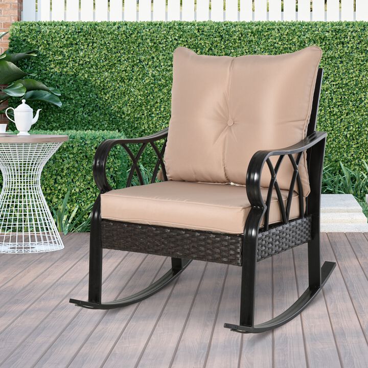 Khaki Porch Rocker: Outdoor Wicker Chair with Padded Cushions