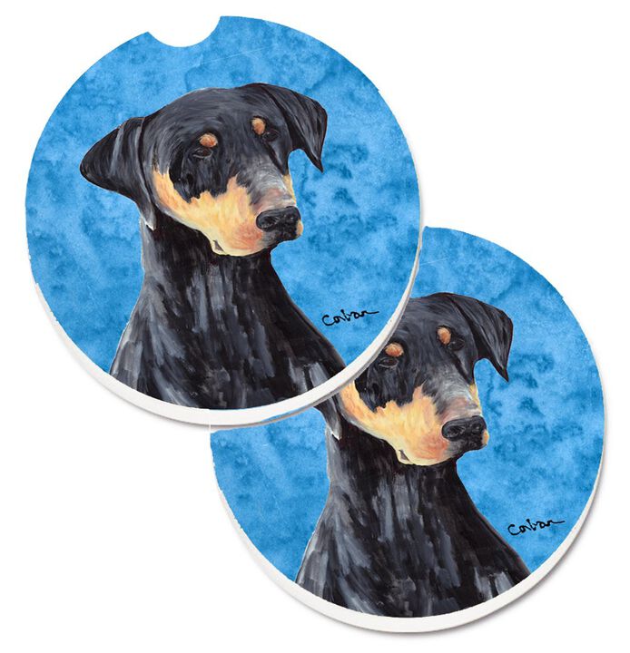 Caroline's Treasures Blue Doberman Set of 2 Cup Holder Car Coasters SC9126BUCARC, 2.56, Multicolor