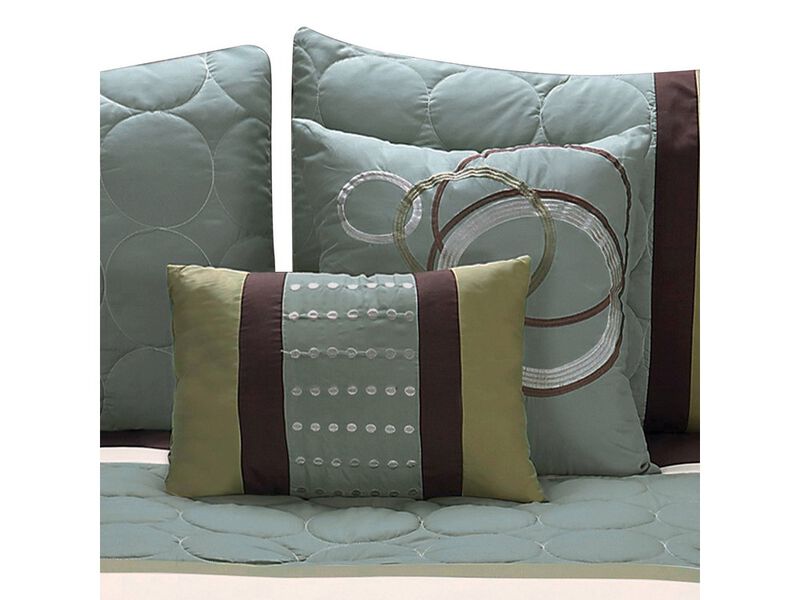 6 Piece King Comforter Set with Pleats and Embroidery, Green and Blue - Benzara
