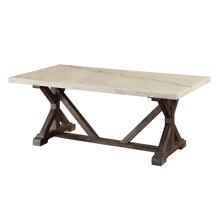 Marble Rectangle Shaped Coffee Table with Wooden Trestle Base, White and Espresso Brown-Benzara