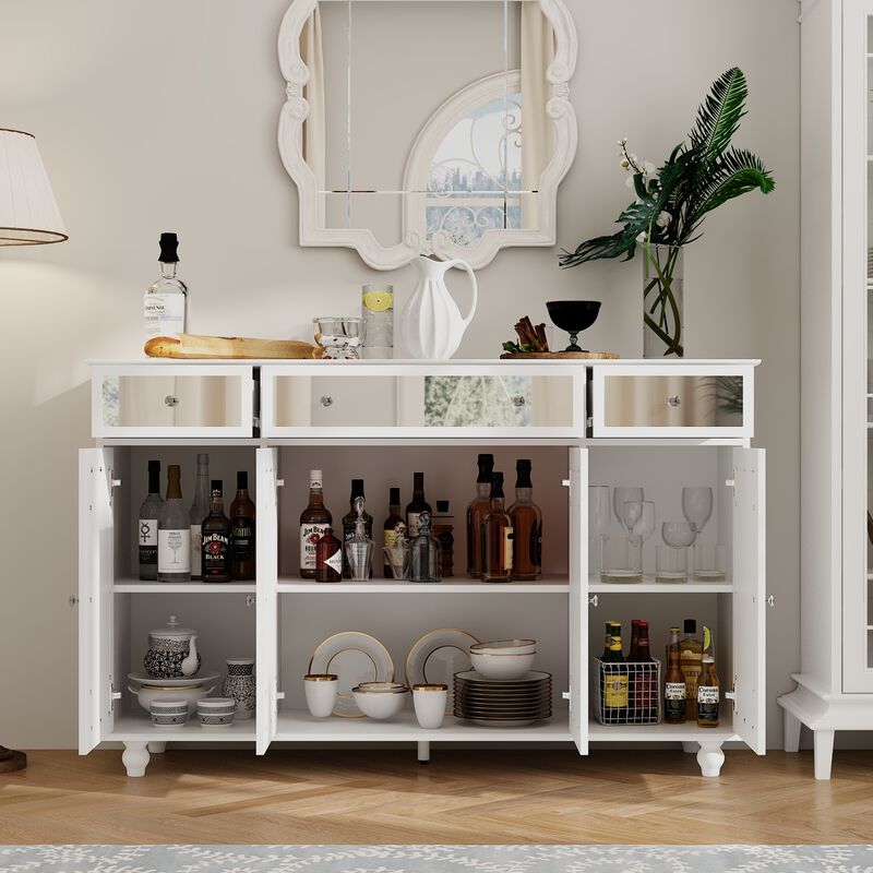 White Paint 4 Doors Mirrored Buffet Cabinet Sideboard With 3 Mirror Drawers and Adjustable Shelves for Kitchen Dining