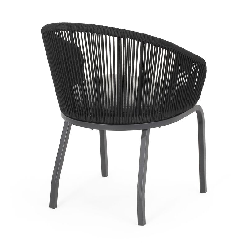 Candy Outdoor Dining Chair Set of 2, Gray Fabric, Black Metal, Woven Rope