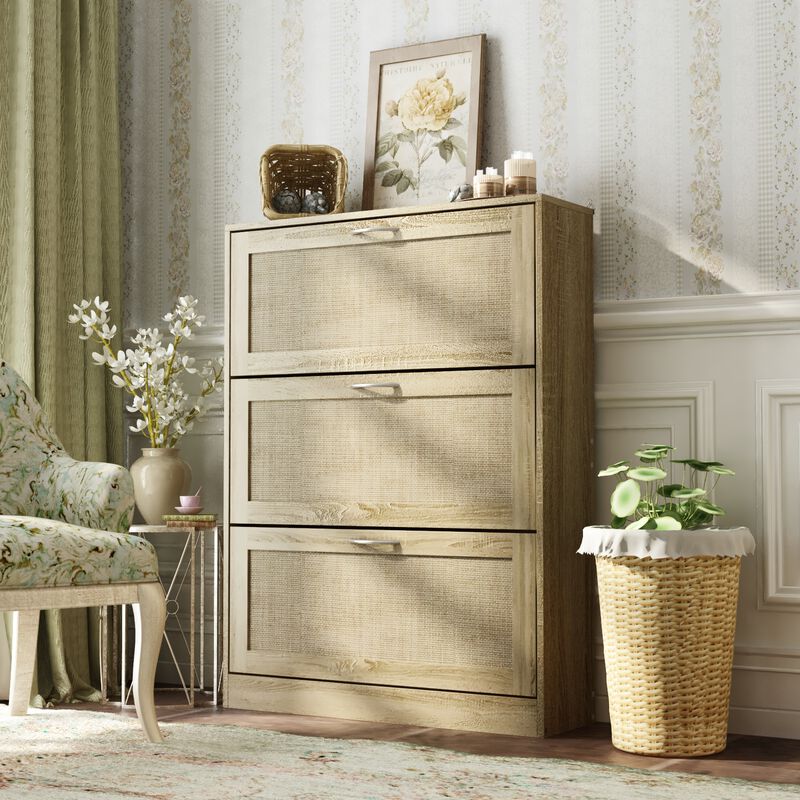 42.5 in. H x 31.5 in. W Burly Wood Color Wooden Shoe Storage Cabinet with 3 Large Drawers and 6 Shelves in Total