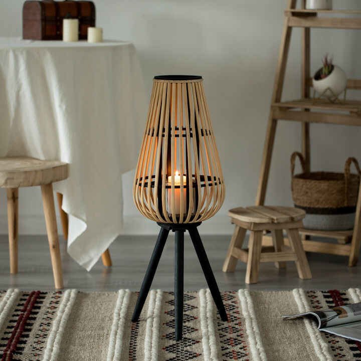 Indoor and Outdoor Modern Natural Bamboo Decorative Lantern with Black Stand and Glass Candle Holder