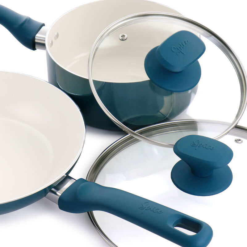 Spice by Tia Mowry Savory Saffron 7 Piece Ceramic Nonstick Aluminum Cookware Set with Nylon Utensils in Teal