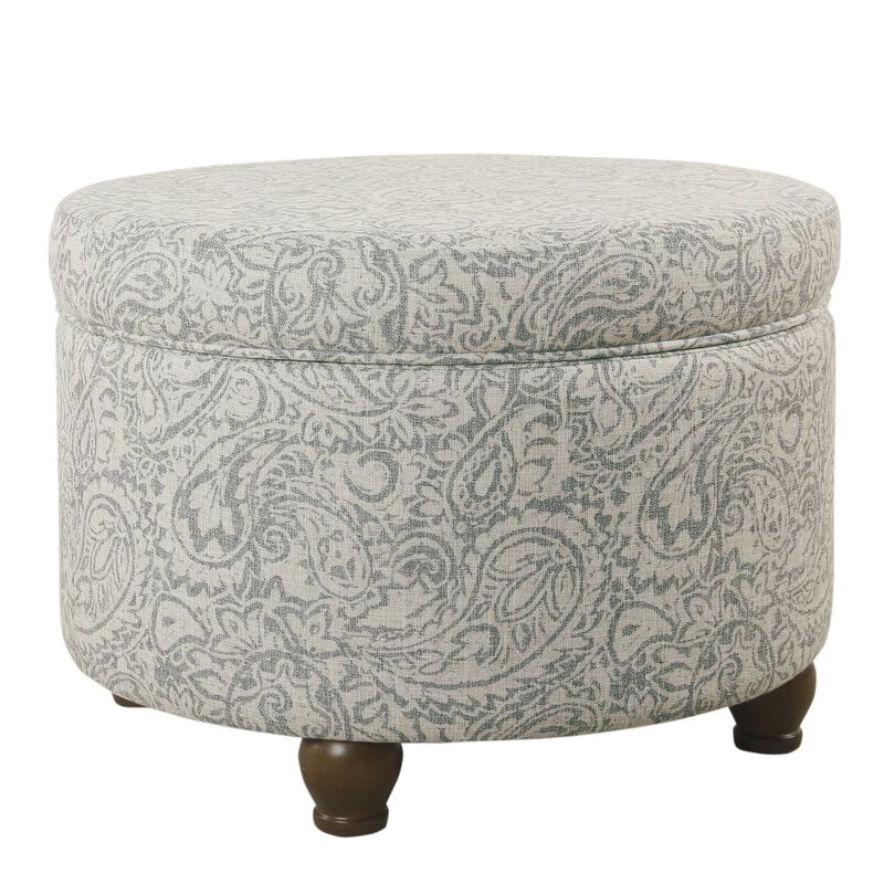 Paisley Floral Pattern Fabric Upholstered Wooden Ottoman with Hidden Storage, Gray and Cream - Benzara