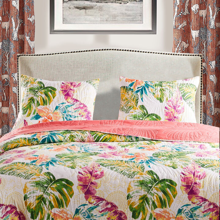 Porto 20 x 36 King Size Pillow Sham, Tropical Palm Leaves, Green and Blue-Benzara