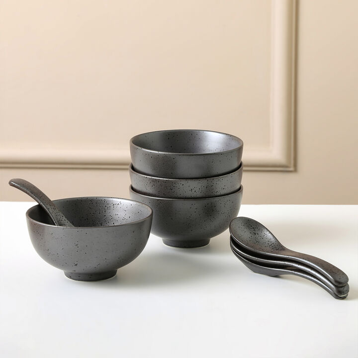 Stone Lain Valencia Porcelain Serving Bowl and Spoon Set 8 Piece , Metallic Grey