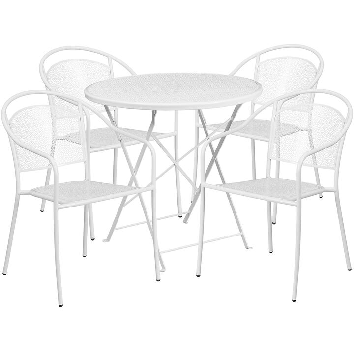 Flash Furniture Commercial Grade 30" Round White Indoor-Outdoor Steel Folding Patio Table Set with 4 Round Back Chairs