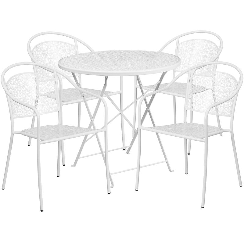 Flash Furniture Commercial Grade 30" Round White Indoor-Outdoor Steel Folding Patio Table Set with 4 Round Back Chairs