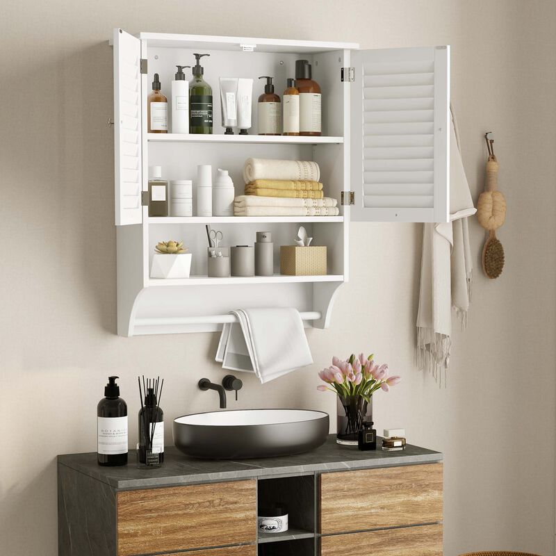 Costway Bathroom Wall Mounted Medicine Cabinet with Louvered Doors & Towel Bar White