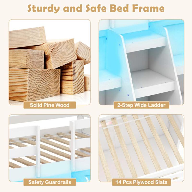 Hivvago Twin Size Loft Bed with LED Lights with Staircase and Safety Guardrail