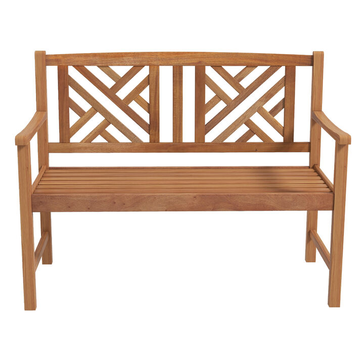 2-Person Wood Outdoor Bench with Cozy Armrest and Backrest-Brown
