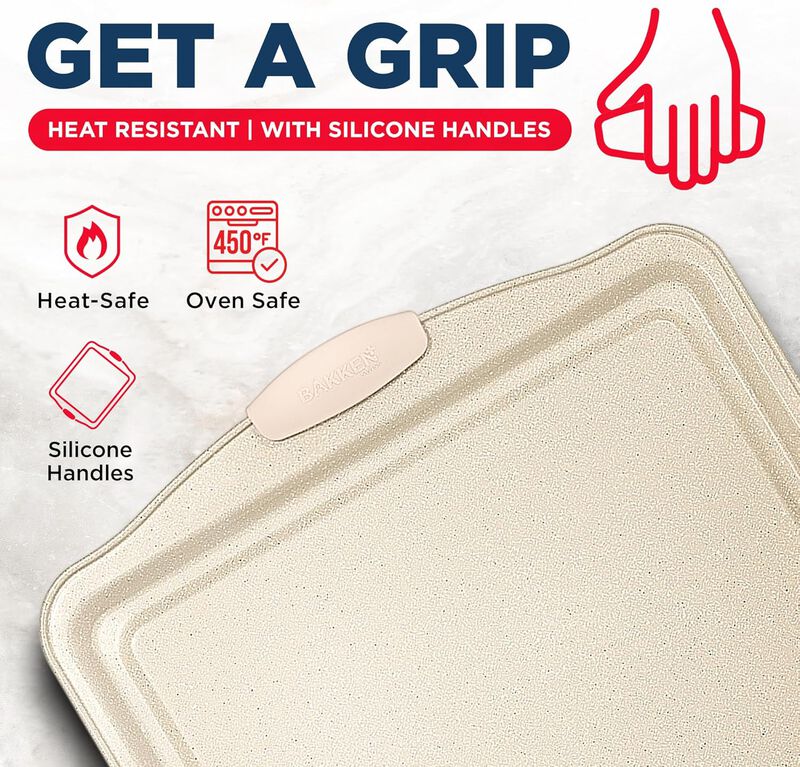 BAKKEN Kitchen Baking Pan Set - Nonstick Coating, Carbon Steel Bakeware Sets with Silicone Handles, Baking Kitchen Essentials, PFOA, PFOS, PTFE Free, Oven Safe Tray (Up To 450° F), Set of 10