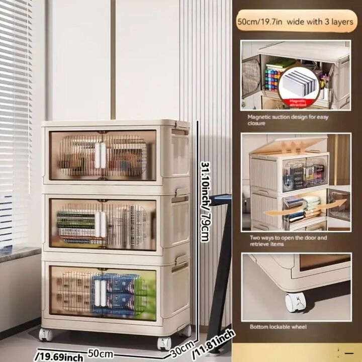 3-Tier Folding Storage Cabinet, Plastic Storage Bins with Magnetic Doors & Wheels for Closet and Home Organization