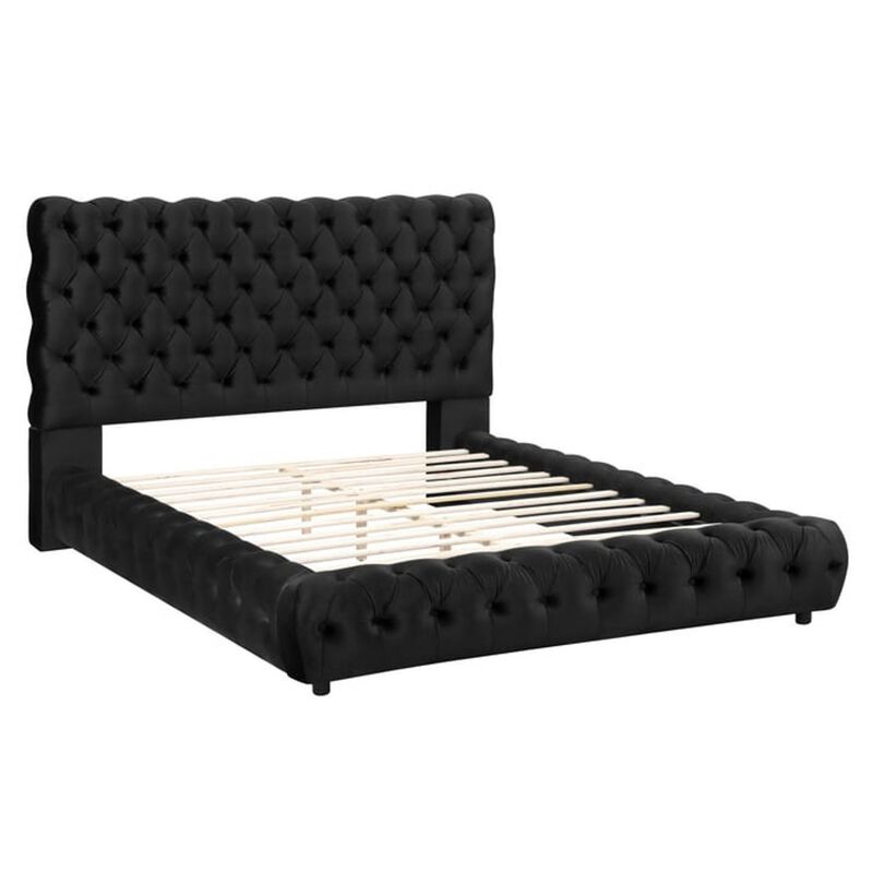 Benjara James Queen Size Bed, Platform Style, Button Tufted Black Velvet Upholstery