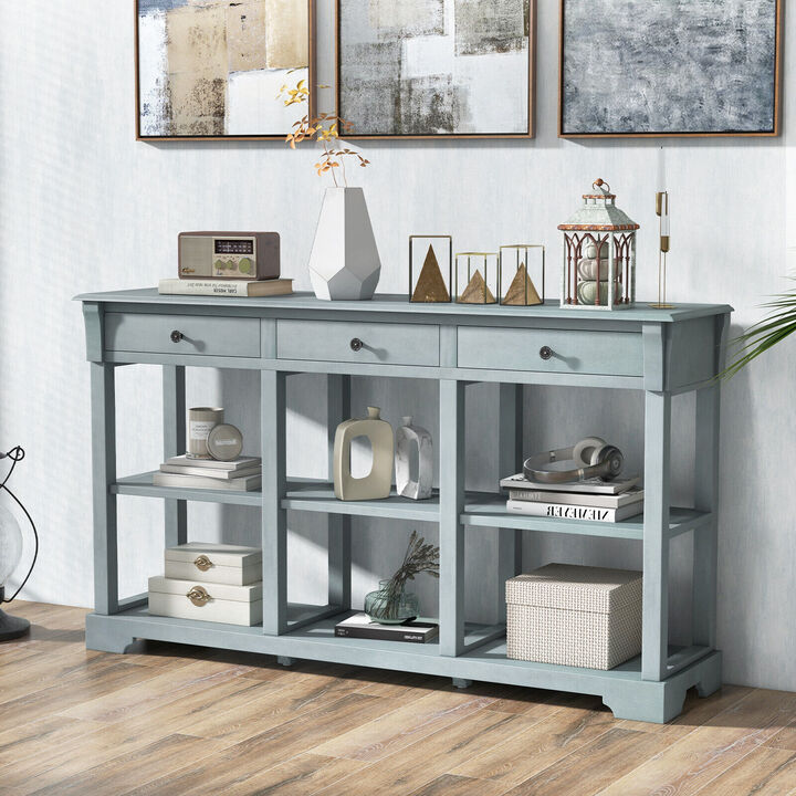 58" Retro Console Table with 3 Drawers and Open Shelves Rectangular Entryway Table-Blue